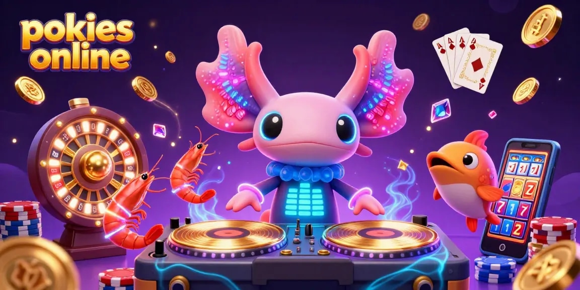 Action-packed illustration of pokies online with vibrant axolotl DJ, glowing coin cascades, and lively casino elements.