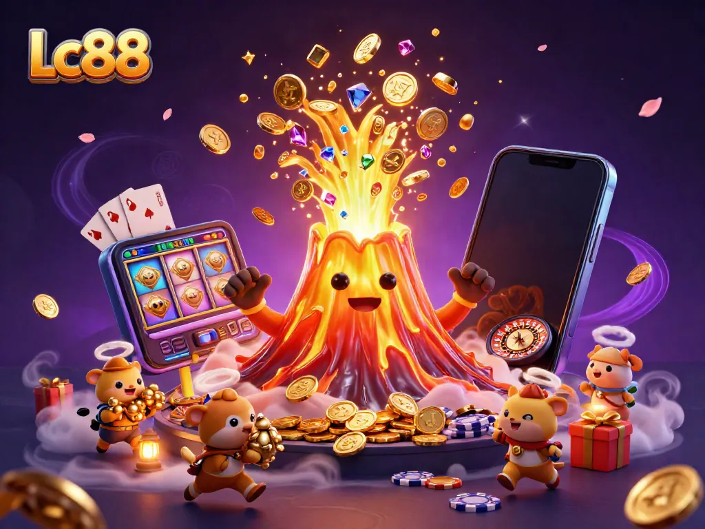 Experience thrilling wins at Lc88 with vibrant games and treasures erupting from a golden volcano.