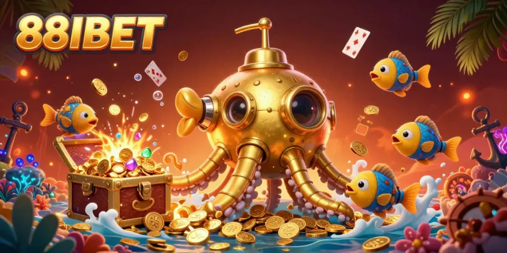 Experience 88IBET with a fantasy scene of a golden kraken navigating a stream of coins, emphasizing active gambling fun.