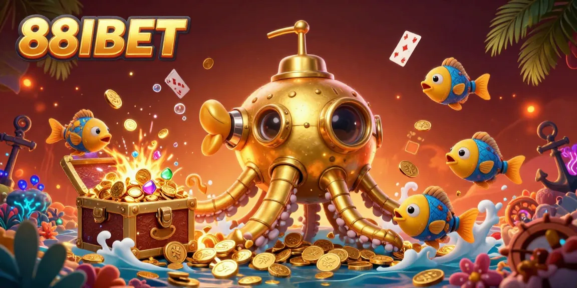 Experience 88IBET with a fantasy scene of a golden kraken navigating a stream of coins, emphasizing active gambling fun.