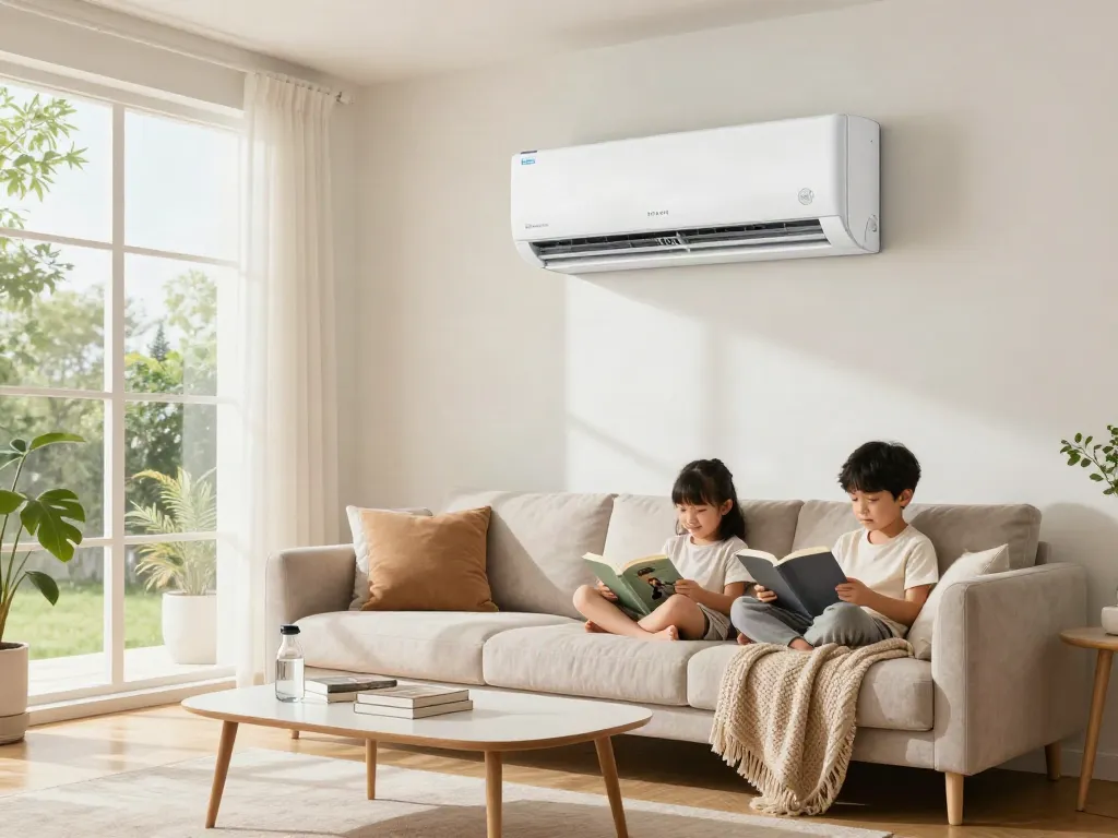 Ductless air conditioner in a cozy modern living room with family enjoying their time together.