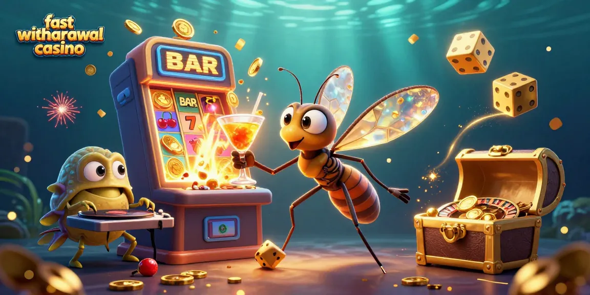 Engage with the fast withdrawal casino scene featuring a frozen mosquito mascot, trilobite DJ, and golden roulette wheel.