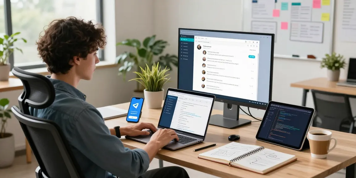Modern workspace showcasing a person using the Telegram Web Version on a laptop, with a vibrant office background.