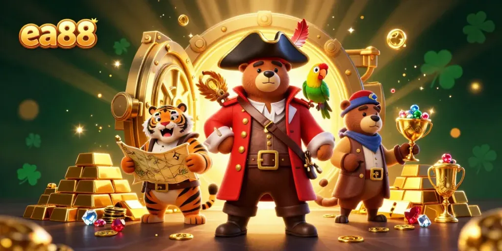Engage with thrilling casino adventures at ea88, featuring vibrant pirate characters amidst treasures and riches.
