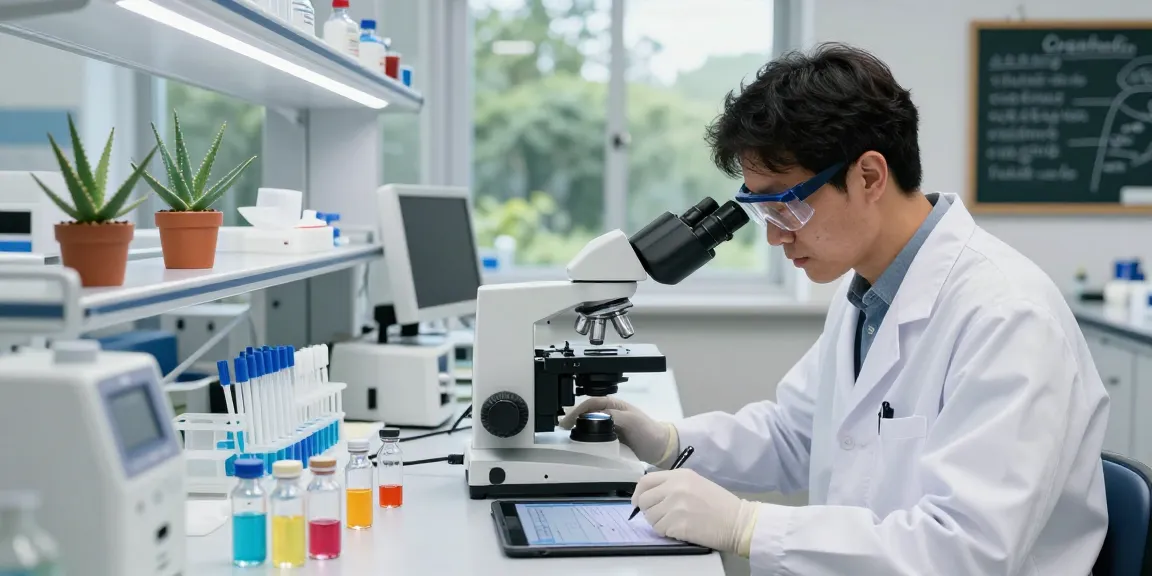 Scientist analyzing peptide samples in a modern lab environment focused on health.
