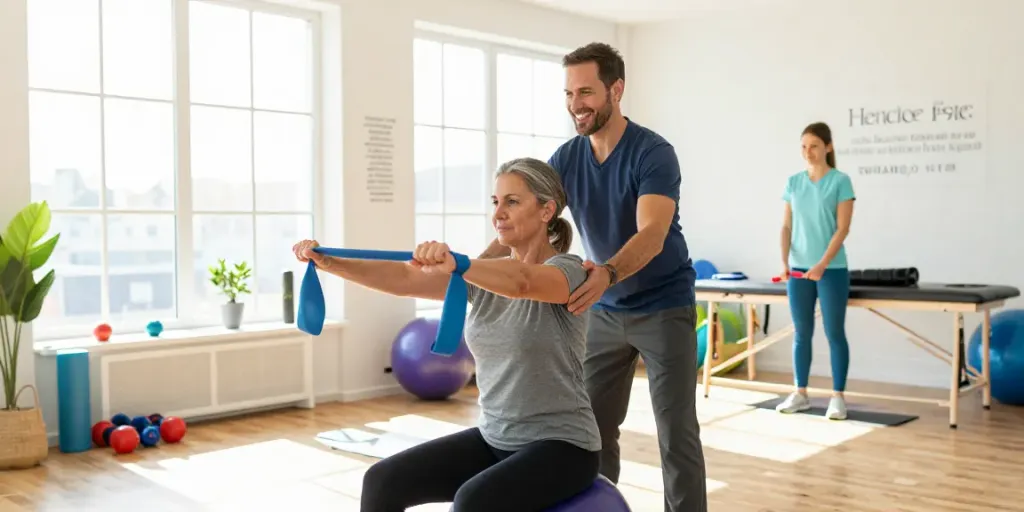 Therapist assisting patient in a physical therapy session at an inviting clinic, highlighting Pt office near me burlington for effective rehabilitation.