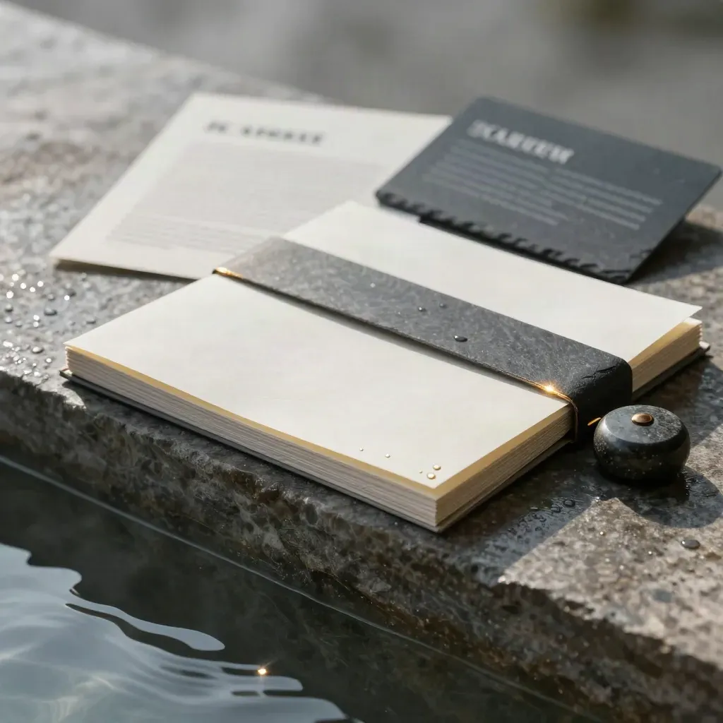 Unlabelled stock briefing folio on wet basalt with gold accents and misty light.