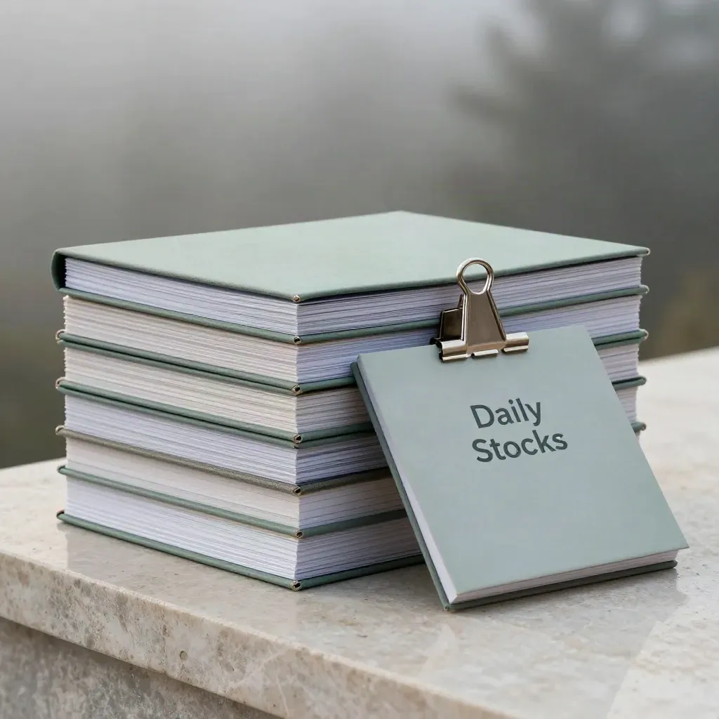 Finance briefing box with matte cards, linen notebook and metal clip on stone in misty dawn light.