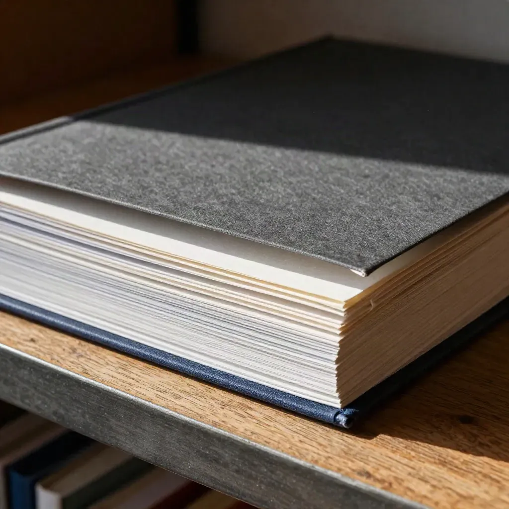 Macro of a half-open earnings booklet with layered paper edges and acetate divider on an oak shelf.