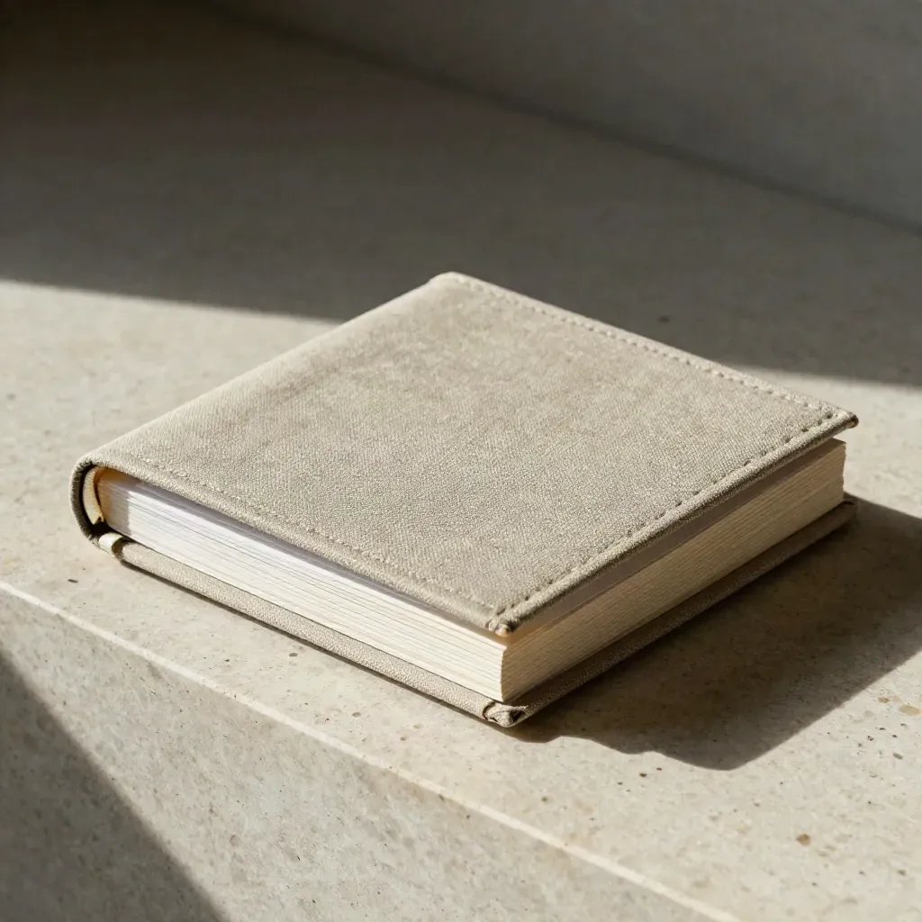 Half-open linen-wrapped stock guide folio with ribbon marker on pale travertine.