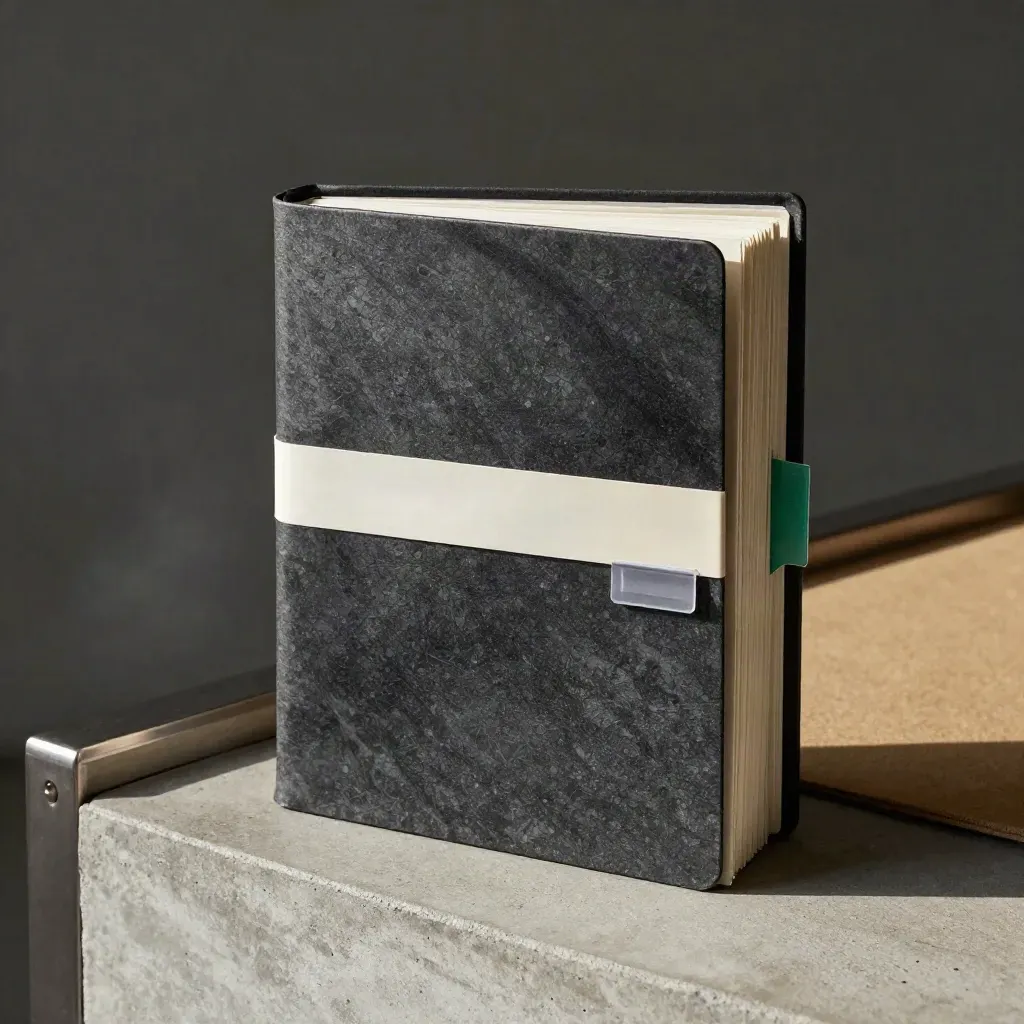 Thick mineral-cover earnings binder with clipped note cards on a concrete archive ledge.