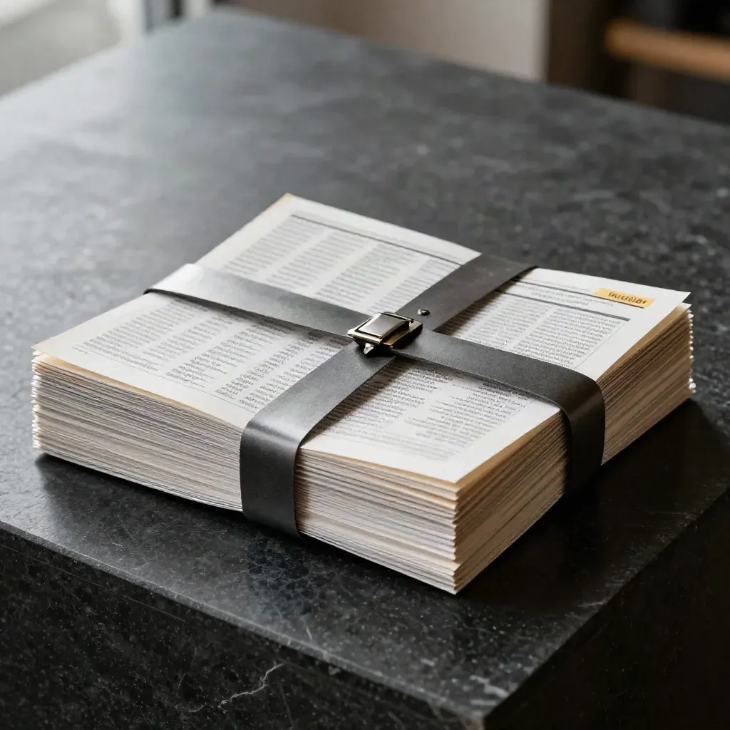 Dark tabbed stock bundle with gold accent on a matte-black plinth in misty studio light.