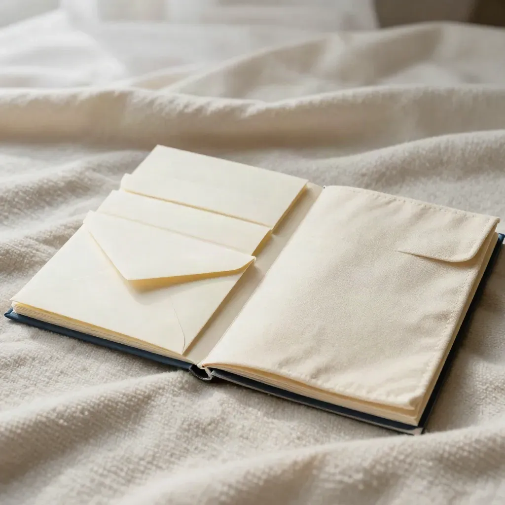 Four slim note packs, a cream envelope and folded canvas sleeve on a wool blanket