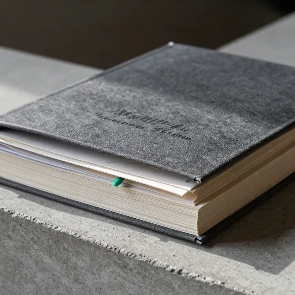 Macro close-up of a charcoal market folio with linen edges, envelope and emerald accent.