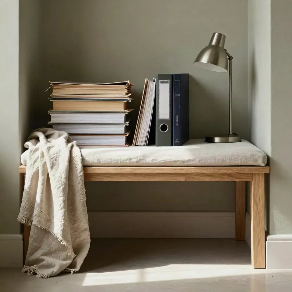 Oak reading nook with folders, linen bench, and brushed metal lamp in soft daylight.