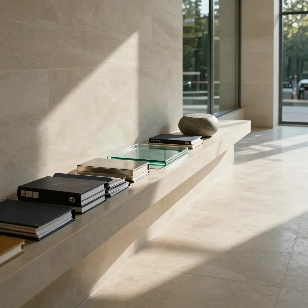 Sunlit limestone corridor with glass shadows and closed market binders, calm lower space.