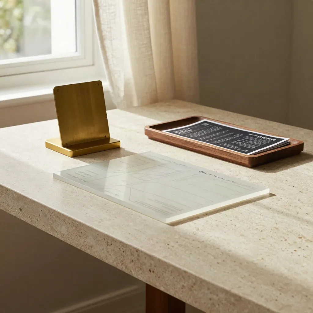 Travertine surface with brass stand, walnut tray, and soft linen by a sunlit window