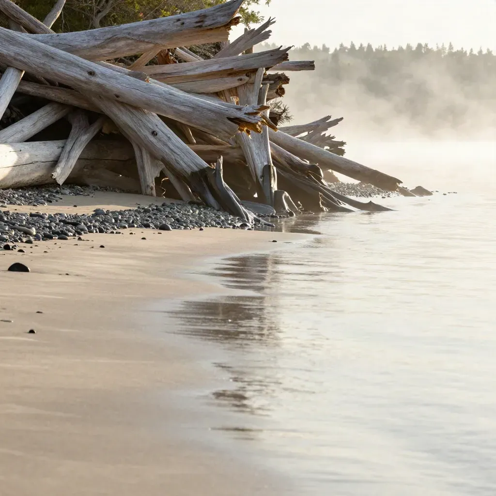 Cedar shoreline in fog with driftwood and calm open water