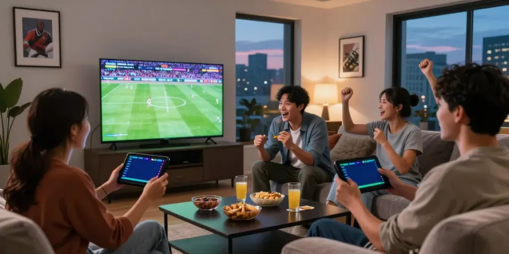 Friends enjoying a sports betting night with uk88 on smartphone.