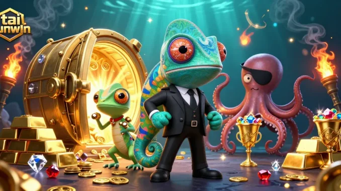 Play exciting games with tai sunwin as colorful casino characters gather around gold treasures.
